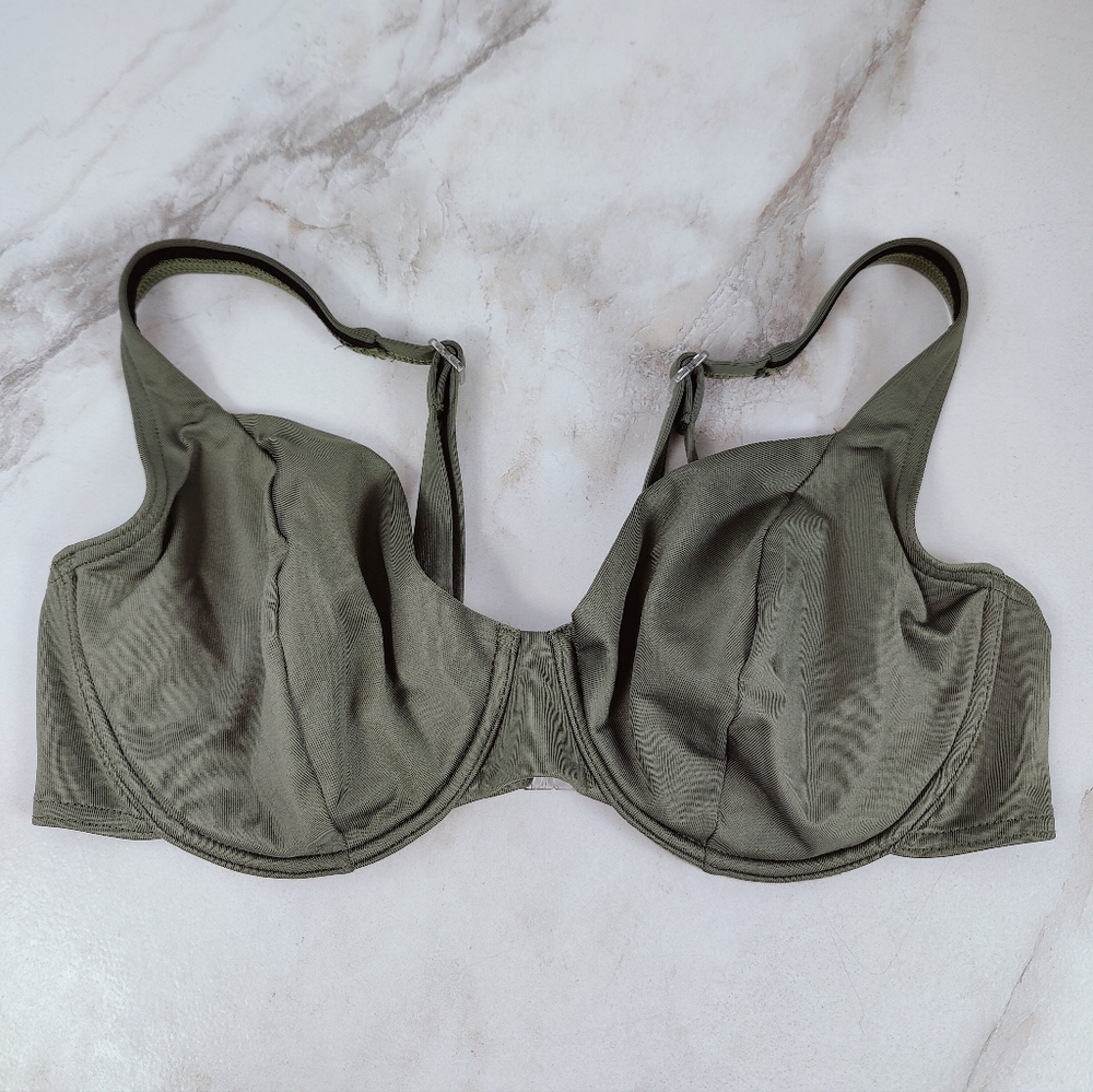 Unbranded Olive Green Seamed Unlined Underwire Bikini Top, Sz 34D/DD